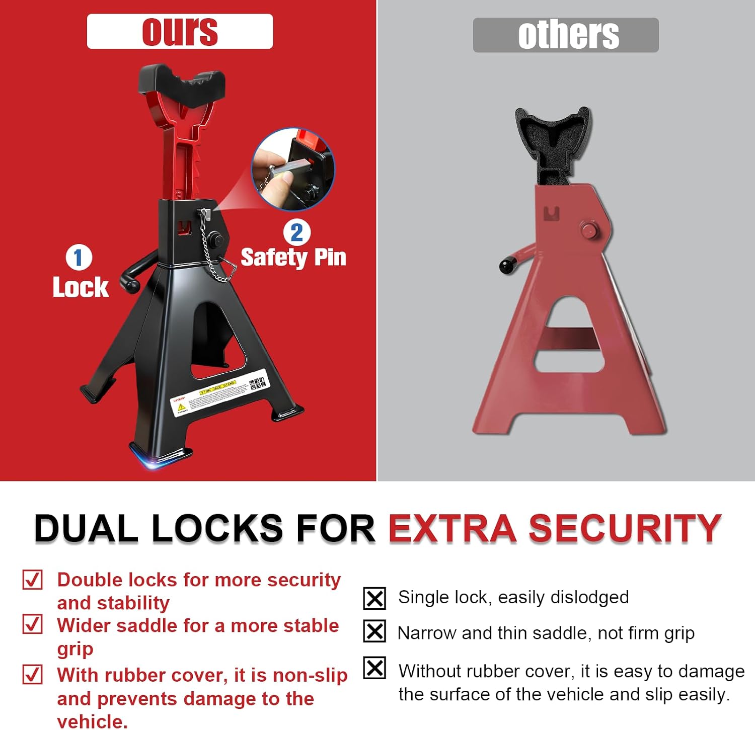 3 Ton Jack Stands (6,600 lbs) - Heavy Duty Car Jack Stand with Double Pin Locking, Adjustable 11.22"-16.54" Height, Extra Rubber Pads for Trucks, Garage, Home,DIY Use - 1 Pair Black+Red