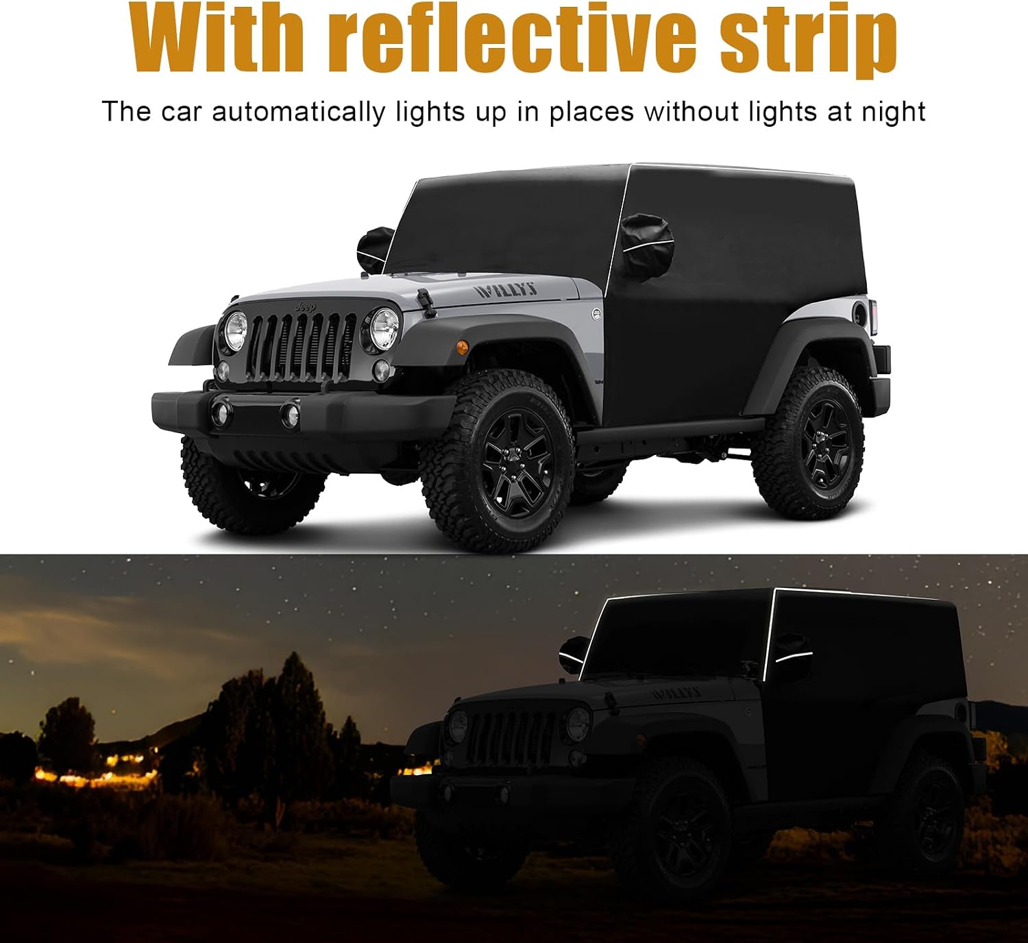 MAIKER OFF ROAD 600D Cab Cover Windproof Sunshade Cover Compatible with Jeep Wrangler JK JL 2-Door 2007-2024, 6-Layer Protection Frost Wiper & Mirror Covers Protect from Sunshine, UV, Snow, Rain