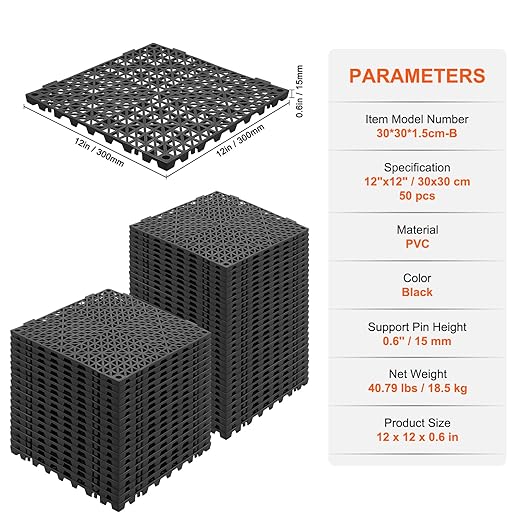 VEVOR Interlocking Tile 50PCS Black, Drainage Tiles 12" x 12" Splicing - Image 7