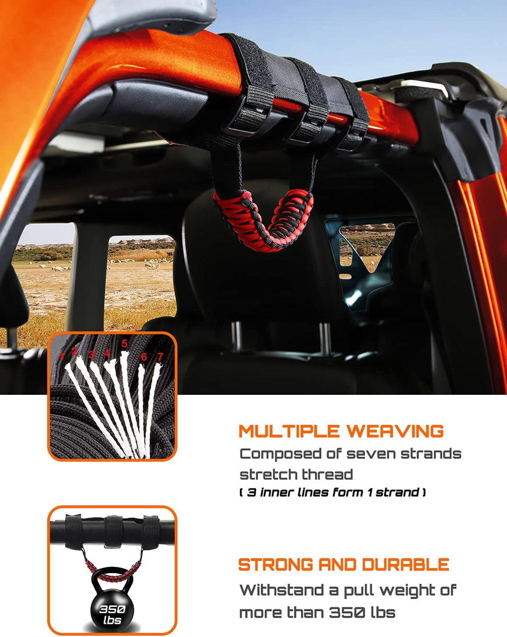 Savadicar 4 x Roll Bar Grab Handles Grip Handle for Jeep Wrangler CJ YJ TJ JK JKU JL JLU & Gladiator JT 1955-2025 2026+, Interior Accessories, Black & Red