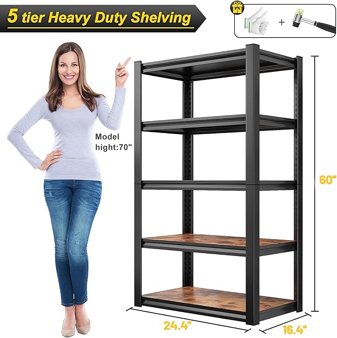 REIBII Storage Shelves 2500LBS Metal Shelving Adjustable Garage Shelving 5 Tier - Image 2