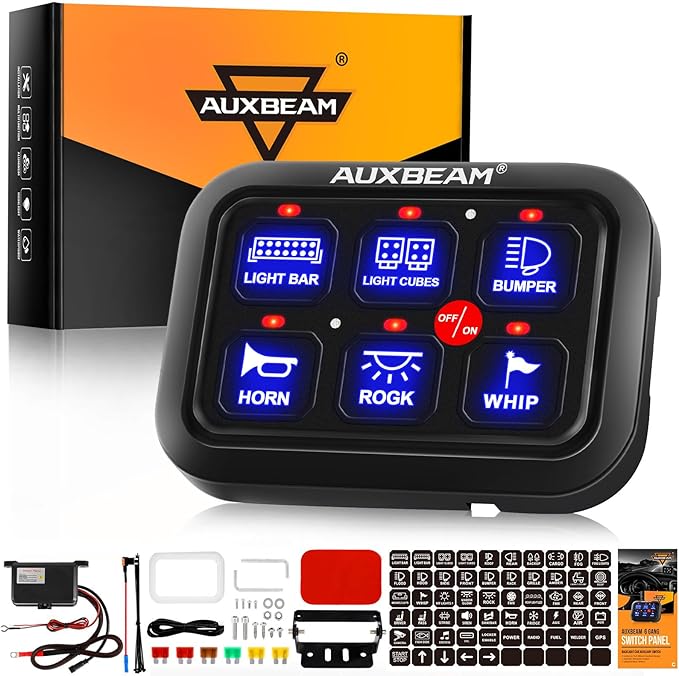 Auxbeam 6 Gang Switch Panel BC60, Universal Circuit Control Relay System Box by Auxbeam