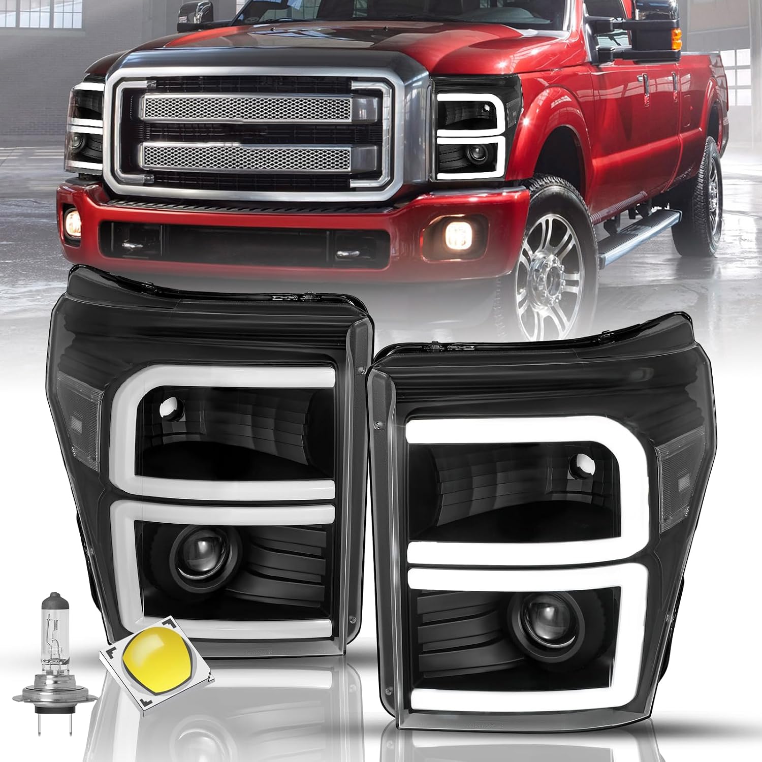TUSDAR LED Projector Headlight Assembly Set with Bulbs for 2011 2012 2013 2014 2015 2016 Ford F250 F350 F450 F550 Driver and Passenger Side (Black Housing with Clear Reflector)