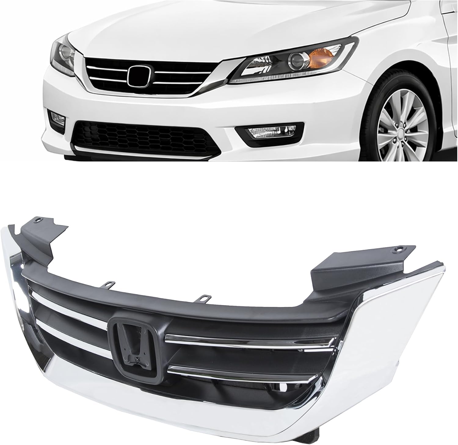 ALMULOO Front Bumper Grill Compatible with 2013-2015 Honda Accord 4Door Sedans Only Upper Black Chrome Grille ABS Plastic Replacement for 71121T2FA01 HO1200214