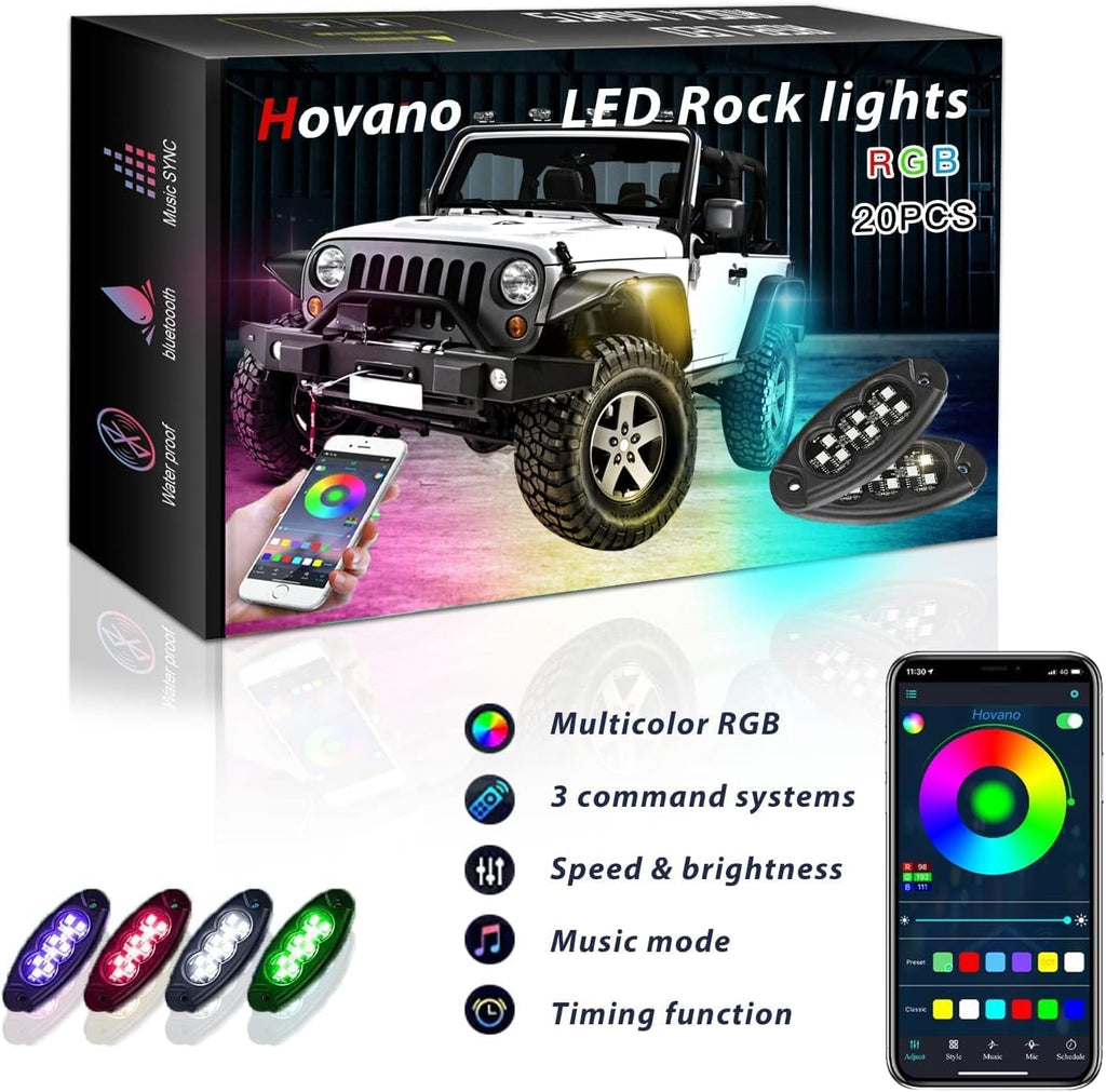 Hovano RGB LED Rock Lights, 20 Pods Waterproof Magic-RGB Multicolor Chasing Neon Underglow Music Lighting Kit with APP/RF Control for Jeep Off Road Truck Car ATV SUV RZR