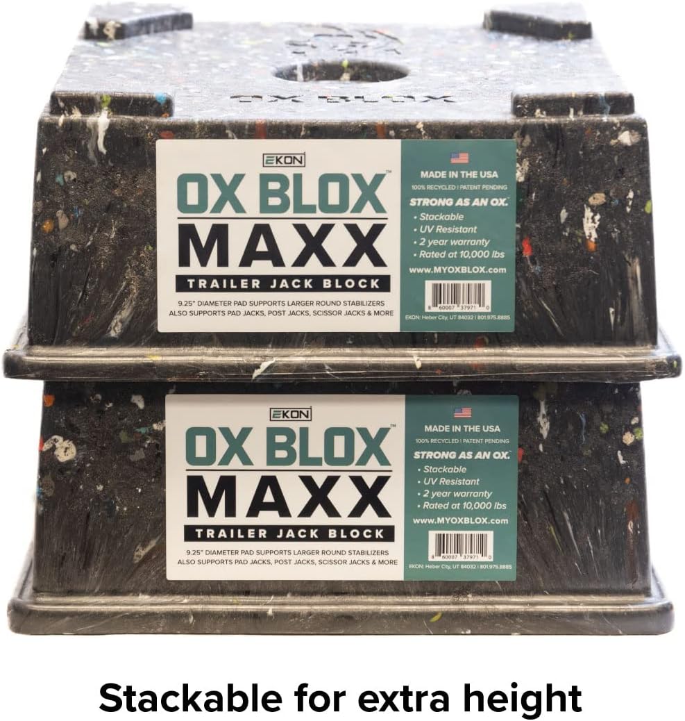 4-Pack OX BLOX MAXX Heavy Duty Trailer Jack Block, 5th Wheel RV Block | For 9" Round Feet; 9" & Smaller Feet Nest Securely Within Ridges;10.5x10.5x4.5 Inches; 6.8 lbs Weight; 10,000 lbs Capacity