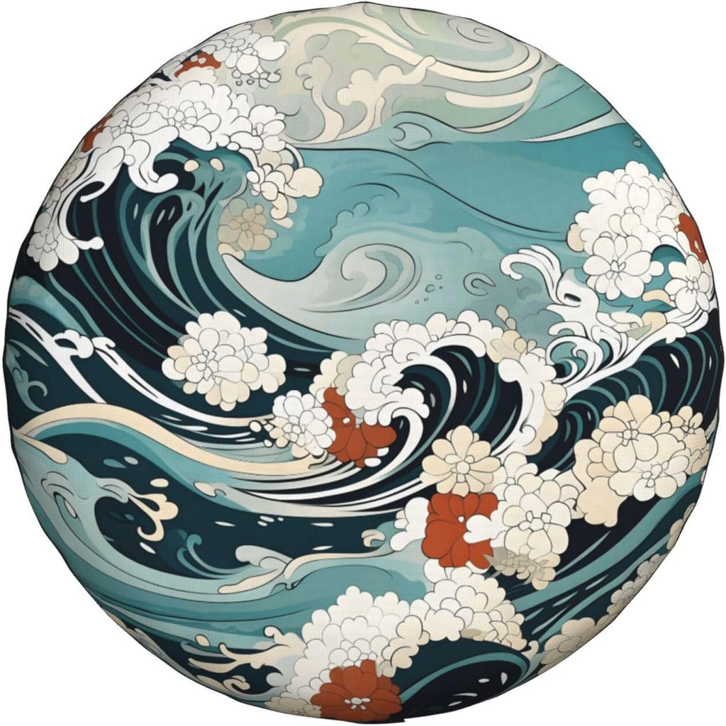 Japanese Wave Floral Pattern Spare Tire Cover 15 inch, Universal Waterproof Dust-Proof Sun Protection Cover with Adjustable Nylon Rope Easy Installation for Jeep Trailer SUV Truck RV