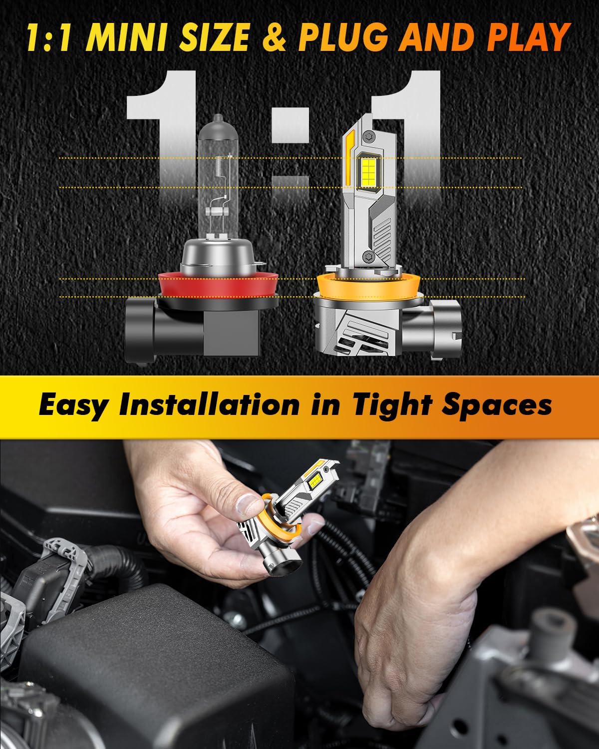 Termitor H11/H8/H9 Light Bulbs, 96,000LM 12X Super Brightness, 360° Adjustable Quick Install, 6500K Cool White H11/H16 Fog Lights Bulb, 1:1 Mini Size with Cooling Fan, IP68, Plug N Play, Pack of 2