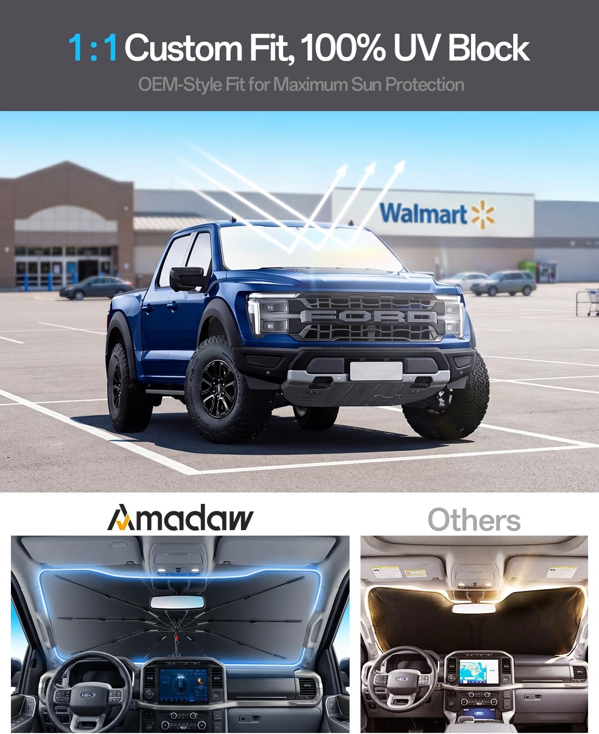 Truck Windshield Sun Shade for Ford F150 2015–2026, Foldable Umbrella Sunshade with 100% UV Block, Multi-Layer Heat Insulation, Reinforced 10-Rib Frame, Summer Car Accessory, Silver