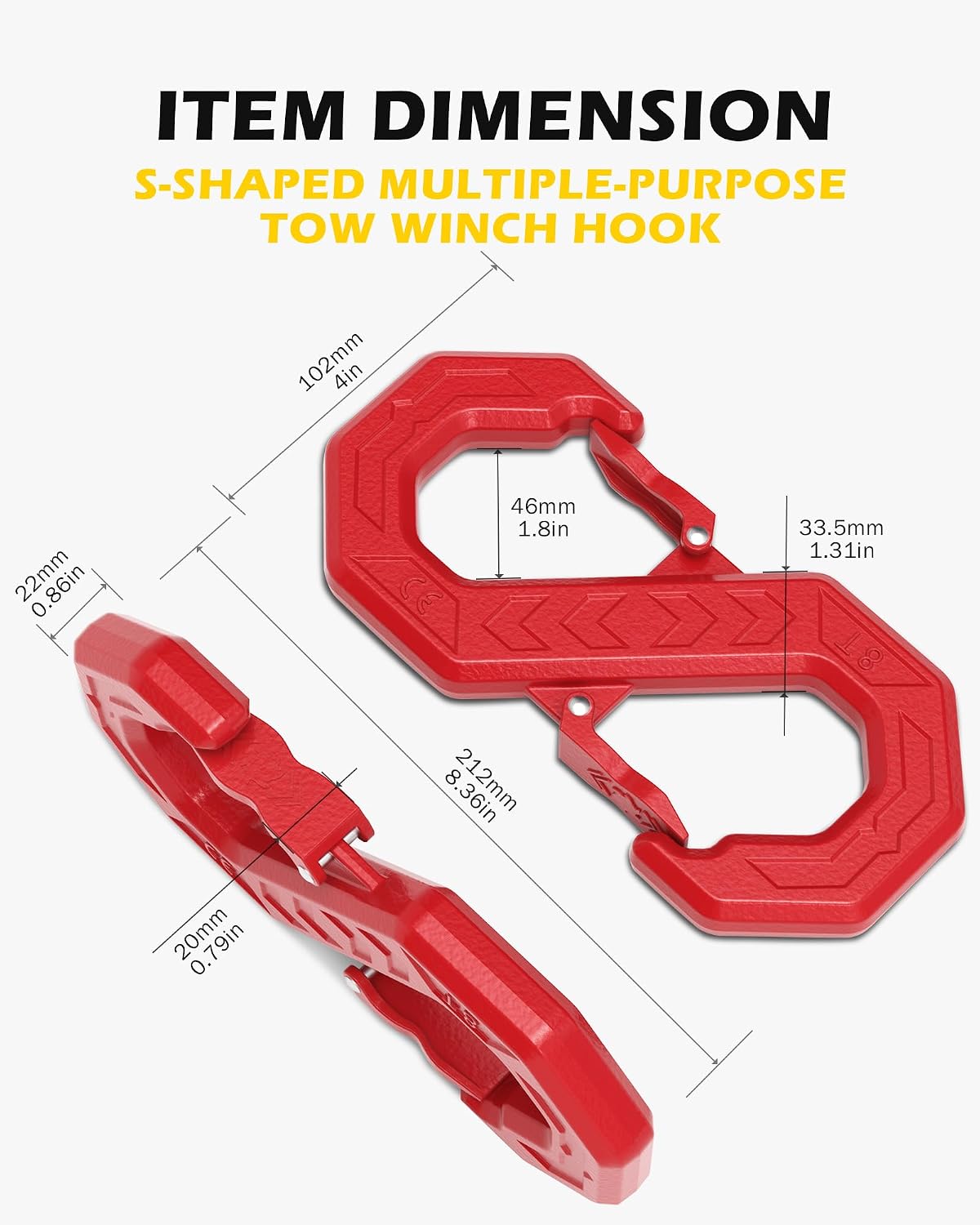3/8" Tow Hook, S-Shaped Winch Hook, 33,000lbs Breaking Strength, G80 Heavy Duty Forged Steel, Fast Connect Easy Release Winch Shackle Towing Hook for Trucks, SUVs, ATVs, Trailers, Red