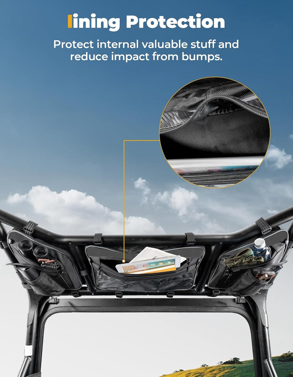 KEMIMOTO UTV Roof Bag Compatible with 2024-2026 Polaris RZR XP1000/XP4 1000 | Large Capacity, 1680D, Water-resistant, Touch Screen Clear Pocket, Multiple Categorized Pockets