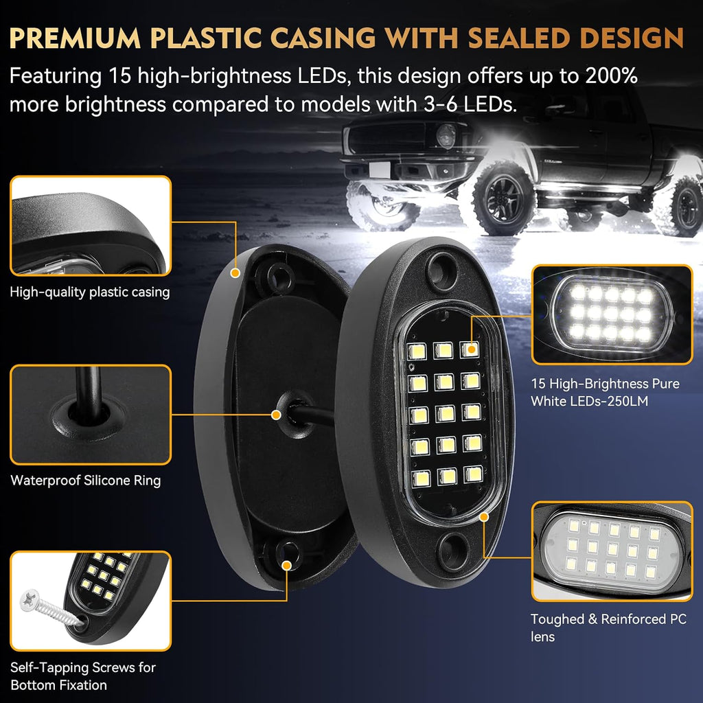 8Pods Pure White LED Rock Lights Kit Plug and Play 12V 6500K | Pre Wired Easy Install with Switch Fuse Harness Wiring Extension*4, Brights Waterproof for Jeep, UTV, RZR, ATV, Off-Road