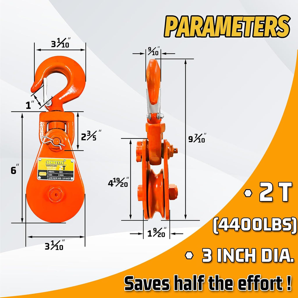 Snatch Block with Hook, Snatch Block 2 Ton WLL, 3" Sheave for 3/8" Wire Rope, Snatch Block Pulley for Rollback Wrecker Car Hauler, Tow Truck Accessories, Winch Accessories, Deep Orange Color