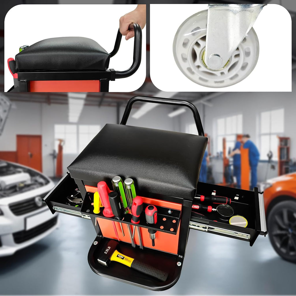A A IN Rolling Tool Chest Creeper Seat with 4 Pieces 2-1/2" Swivel Casters,Padded Creeper Seat with Extra Storage,Tool Box Chair, 300 pounds Capacity Mechanics Chair with Drawers