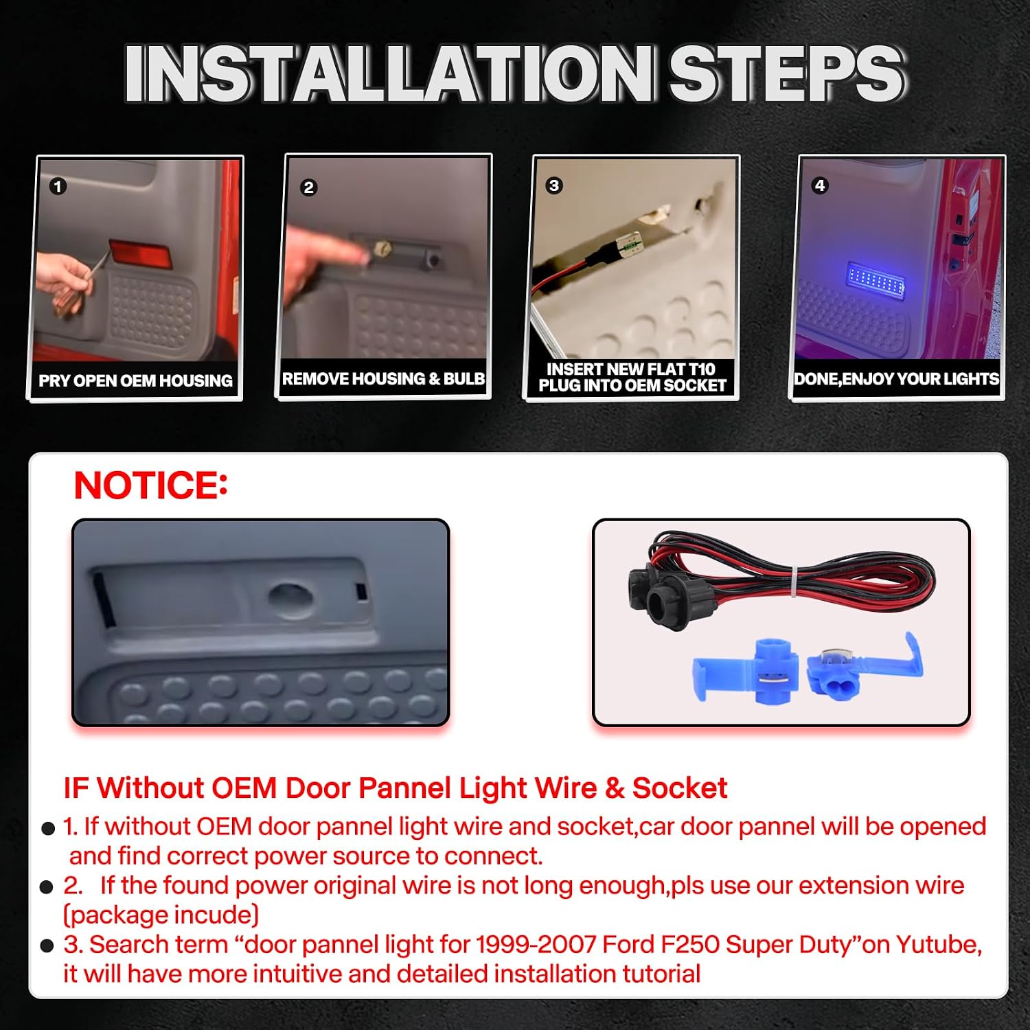 LED Interior Door Panel Courtesy Lights for 2000-2005 Ford Excursion 1999-2007 Ford F250 F350 F450 F550 Super Duty Bule Car Door Welcome Reflector Lamp With Extension Harness Clear Lens 2PCS