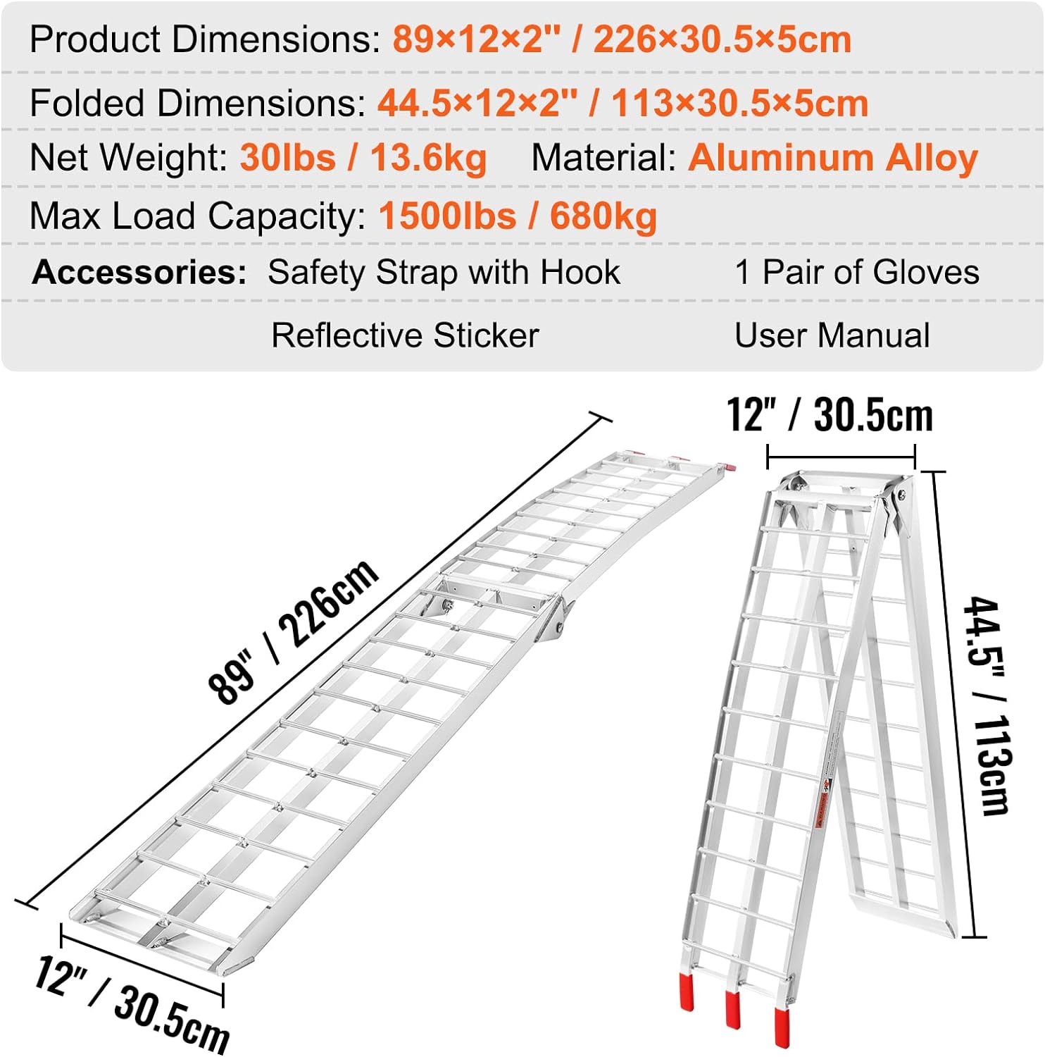 VEVOR 7.5ft Aluminum Ramps, 1500 lbs Folding Loading Ramps (2 pcs Set) for Pickup Trucks Bed, Trailers Ramp with Load Straps for Dirt Bike, UTV, ATV, Trucks, Lawn Mowers, Cargo Trailer, 89" L x 12" W