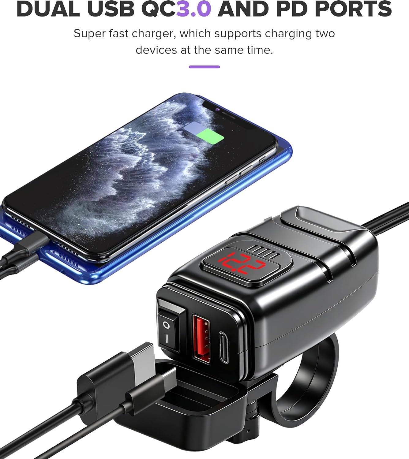 Motorcycle Phone Charger,Car Accessories Universal Motorcycle USB Charger with Voltmeter and ON/Off Switch,Compatible with IPad,iPhone,iPod,HTC,PDAs,MP3 Players,Suitable for Most Cars