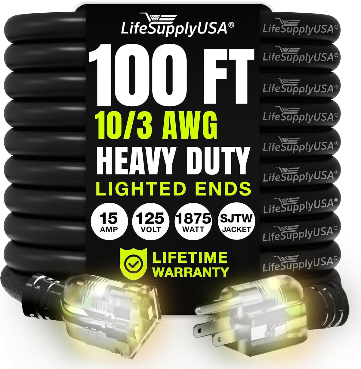 100ft Outdoor/Indoor Extension Cord 10/3 Gauge Ultra Heavy Duty 3 Prong SJTW