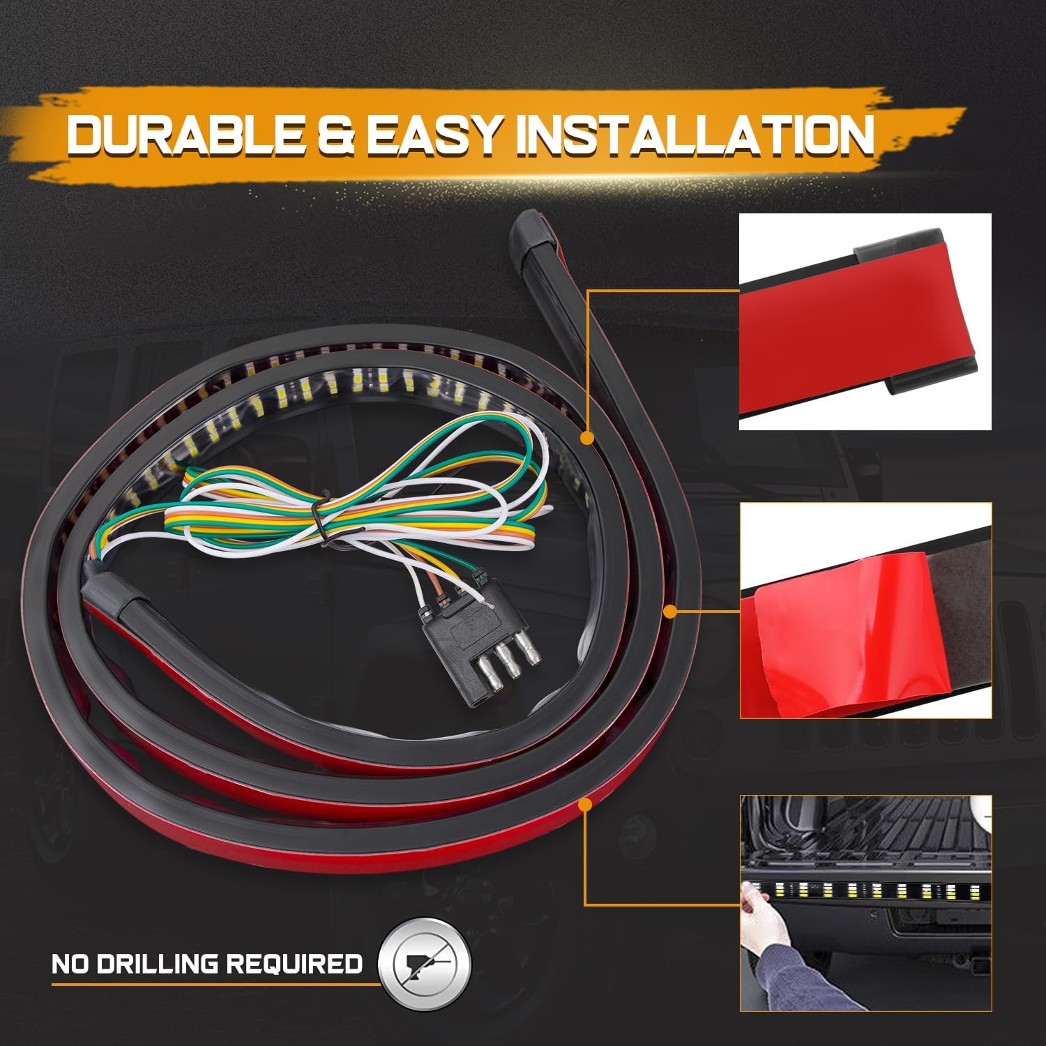 60 Inch LED Truck Tailgate Light Strip Quad Row Bed Tail Light 5 Function Red Brake, White Backup Reverse, Red Turn Signal Strobe Light for Pickup Trucks SUV RV Van Dodge Ram