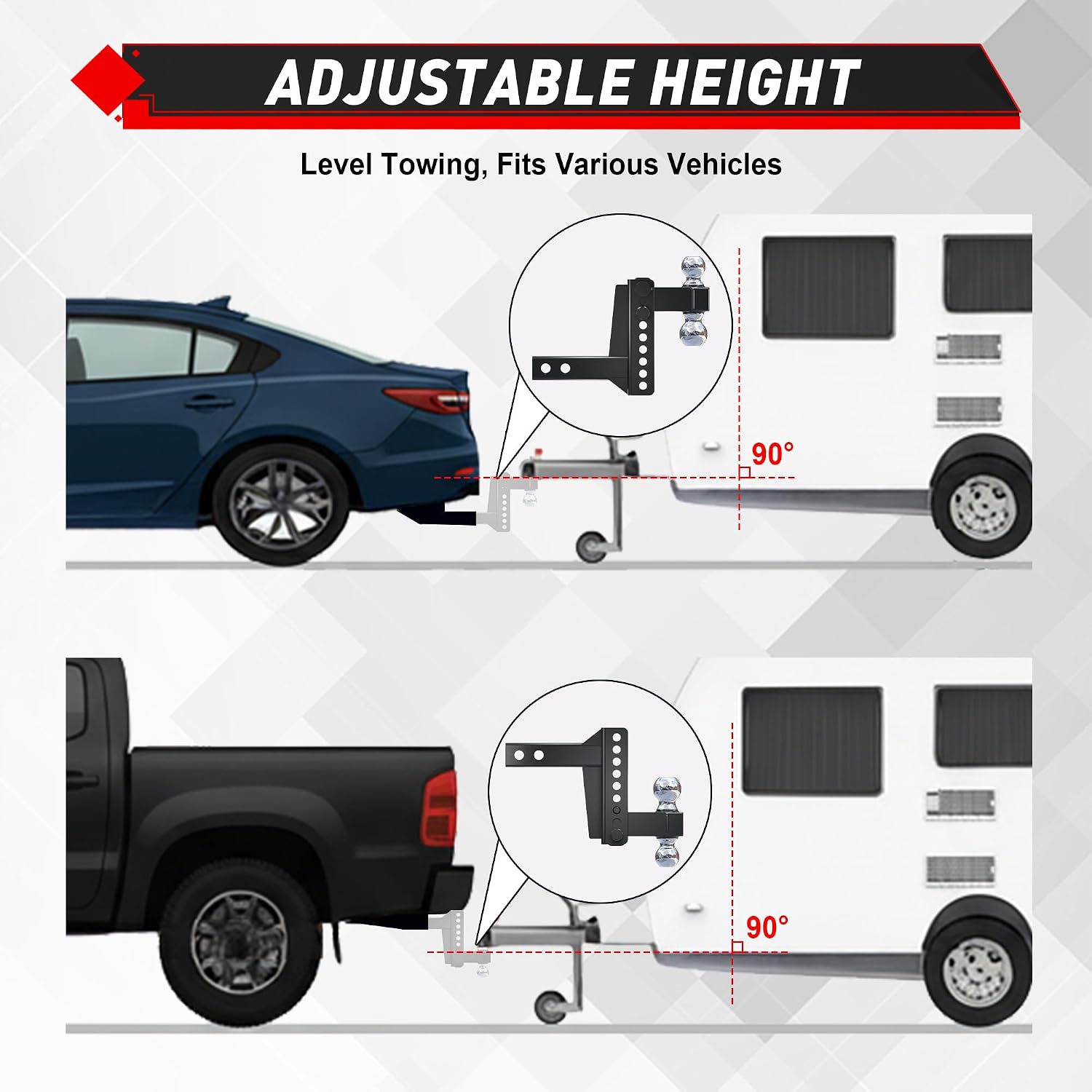 TYT Adjustable Truck Trailer Hitch for 2 inch Receiver, 6" Drop/Rise,2" & 2-5/16" Ball,Includes Two Pin Locks & Hitch Tightener