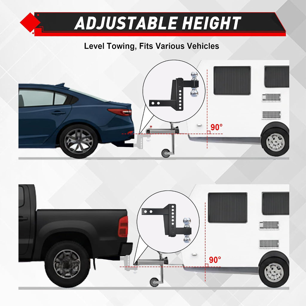 TYT Adjustable Truck Trailer Hitch for 2.5 inch Receiver, 6" Drop/Rise,2" & 2-5/16" Ball, Includes Two Pin Locks & Hitch Tightener