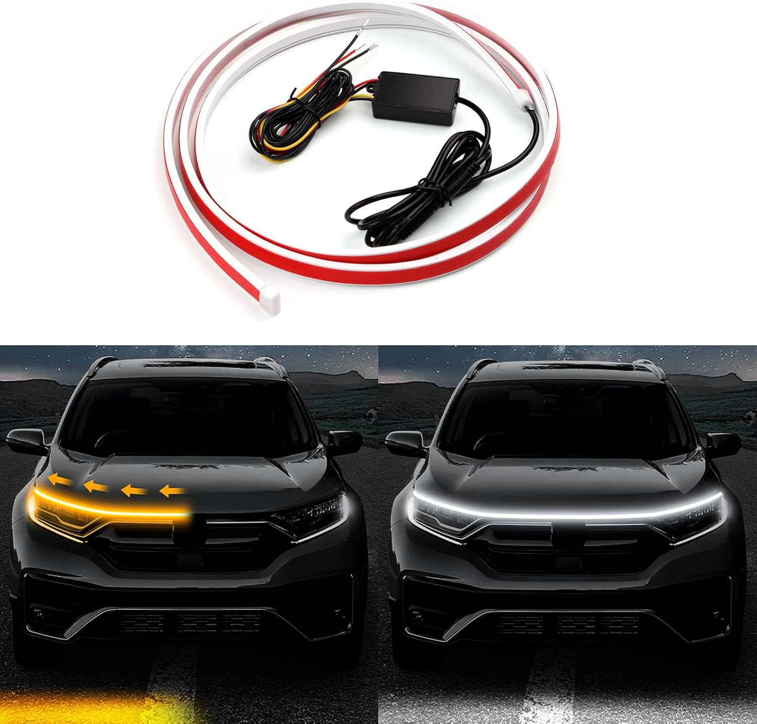 Cuttable LED Car Under Hood Light Strip - Automotive Engine LED Strips Turning Light Guide - Waterproof IP66 - Daytime Exterior Decoration Accessories - DC 15V White & Yellow 70.9in