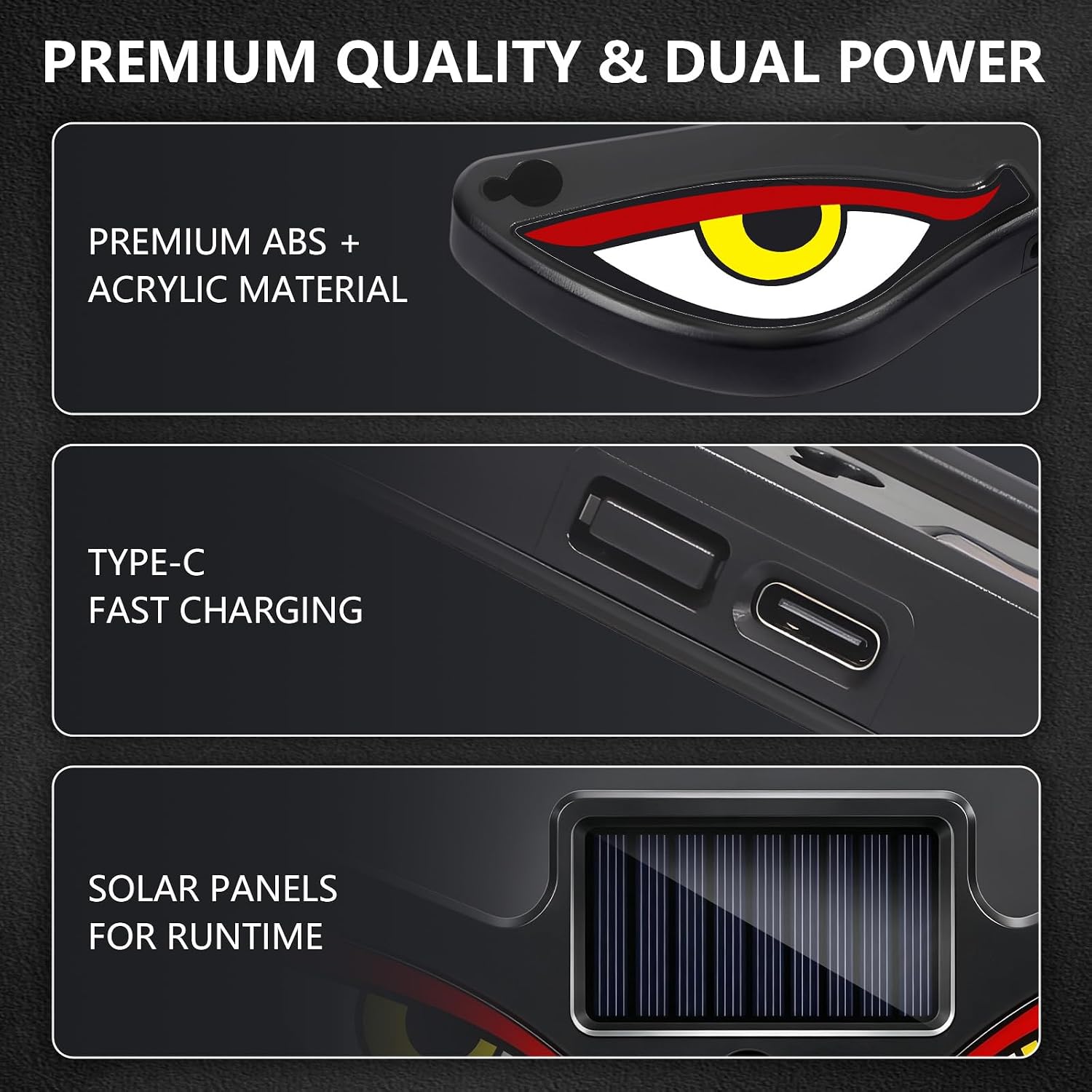 Solar Devil Eyes Car LED Light, Wireless No Drill Demon Eye Warning Lights for Car Windshield & Rear Window, Type-C Rechargeable Animated LED Eyes for Cars, SUVs, Trucks, Vans (1 Pack)