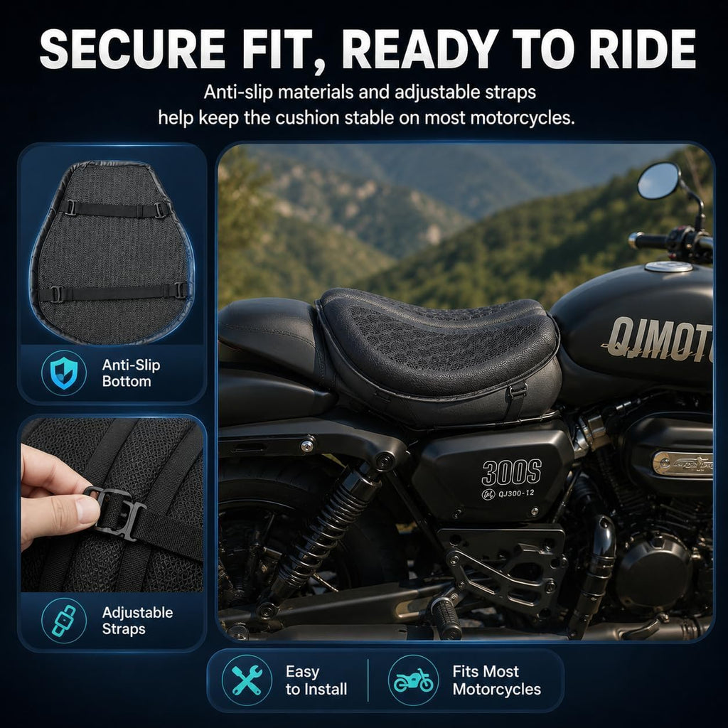 Hexrider Motorcycle Seat Cushion, 3D Honeycomb Gel Motor Seat Pad for Long Rides, Ergonomic Shock Absorption TPE Rider Cushion, Universal Non-Slip Breathable Cruiser Touring Seat Cover