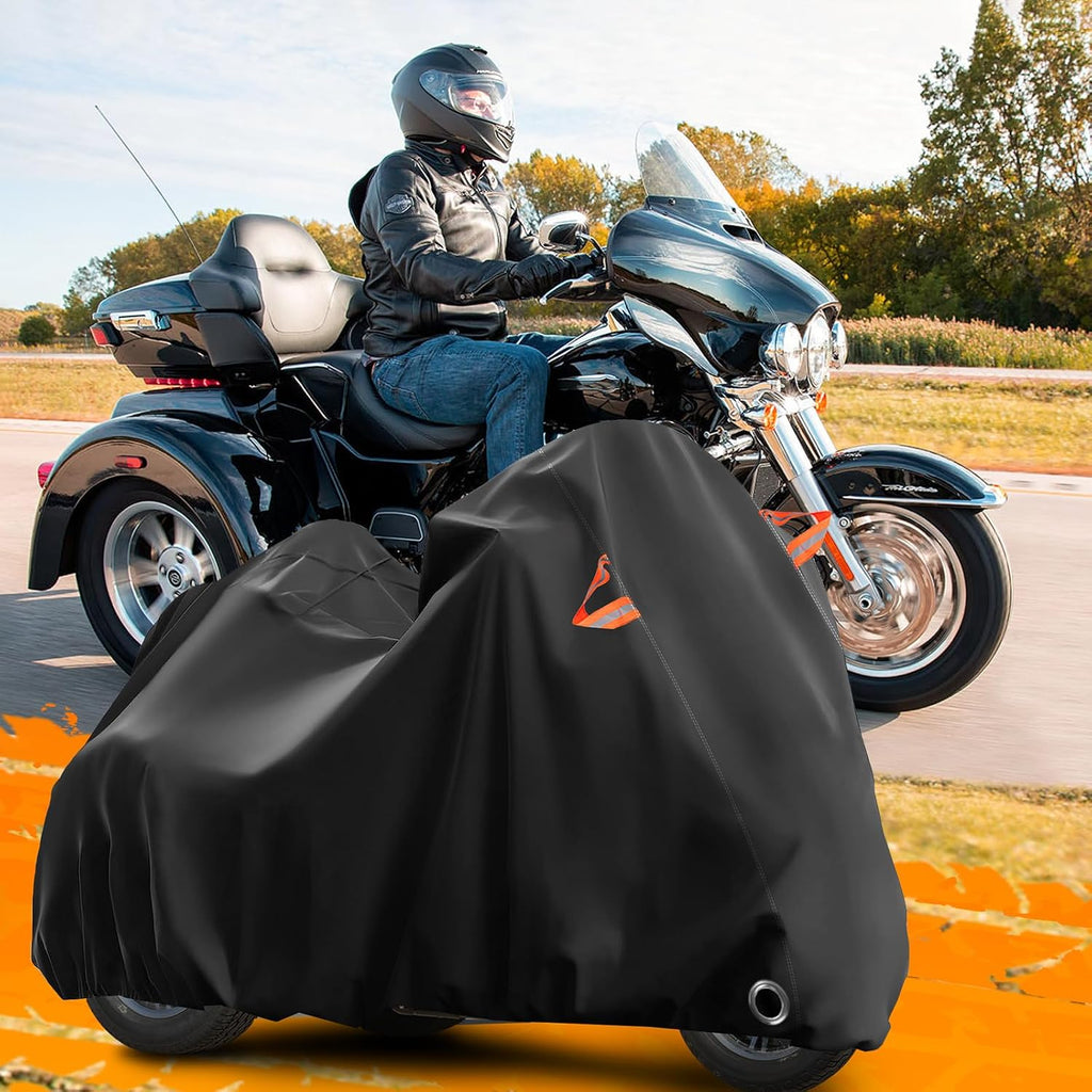Trike Cover for Harley-Davidson Honda Gold Wing Kawasaki 3 Wheeler Motorcycle Outdoor Waterproof Storage Cover with Antenna Opening Windproof Buckle (Black)