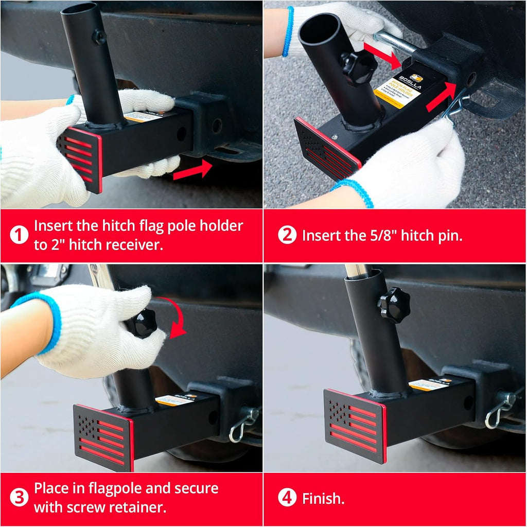 Boslla Hitch Flag Pole Holder, Trailer Hitch Flagpole Mount Holder Universal for Standard 2 inch Receivers, Compatible with Truck Jeep Pickup RV SUV (US Patent Design)