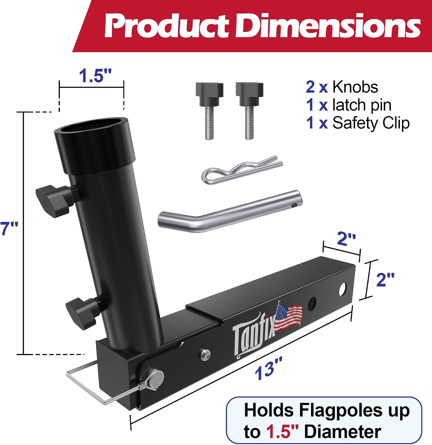 Foldable Hitch Mount Flagpole Holder | All Metal Heavy- Duty, Fits Standard 2" Trailer Hitch, Compatible with Jeep, Truck, SUV, RV, Pickup, Camper Trailer (ONE Flagpole)