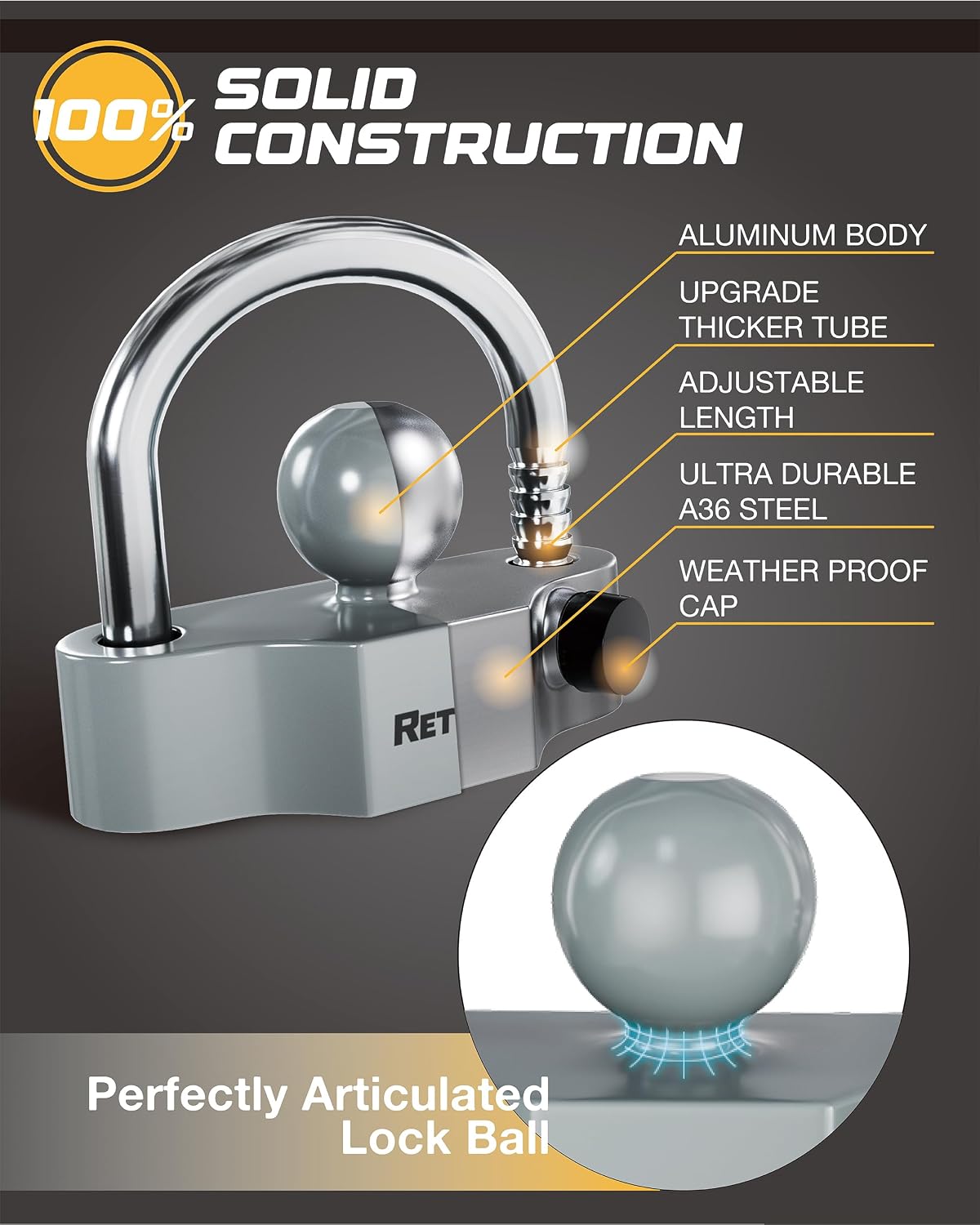 RETRUE Heavy-Duty Universal Coupler Lock Trailer Locks Ball Hitch Trailer Hitch Lock Adjustable Security Steel Fits 1-7/8 Inch, 2 Inch, 2-5/16 Inch Couplers Grey & Silver