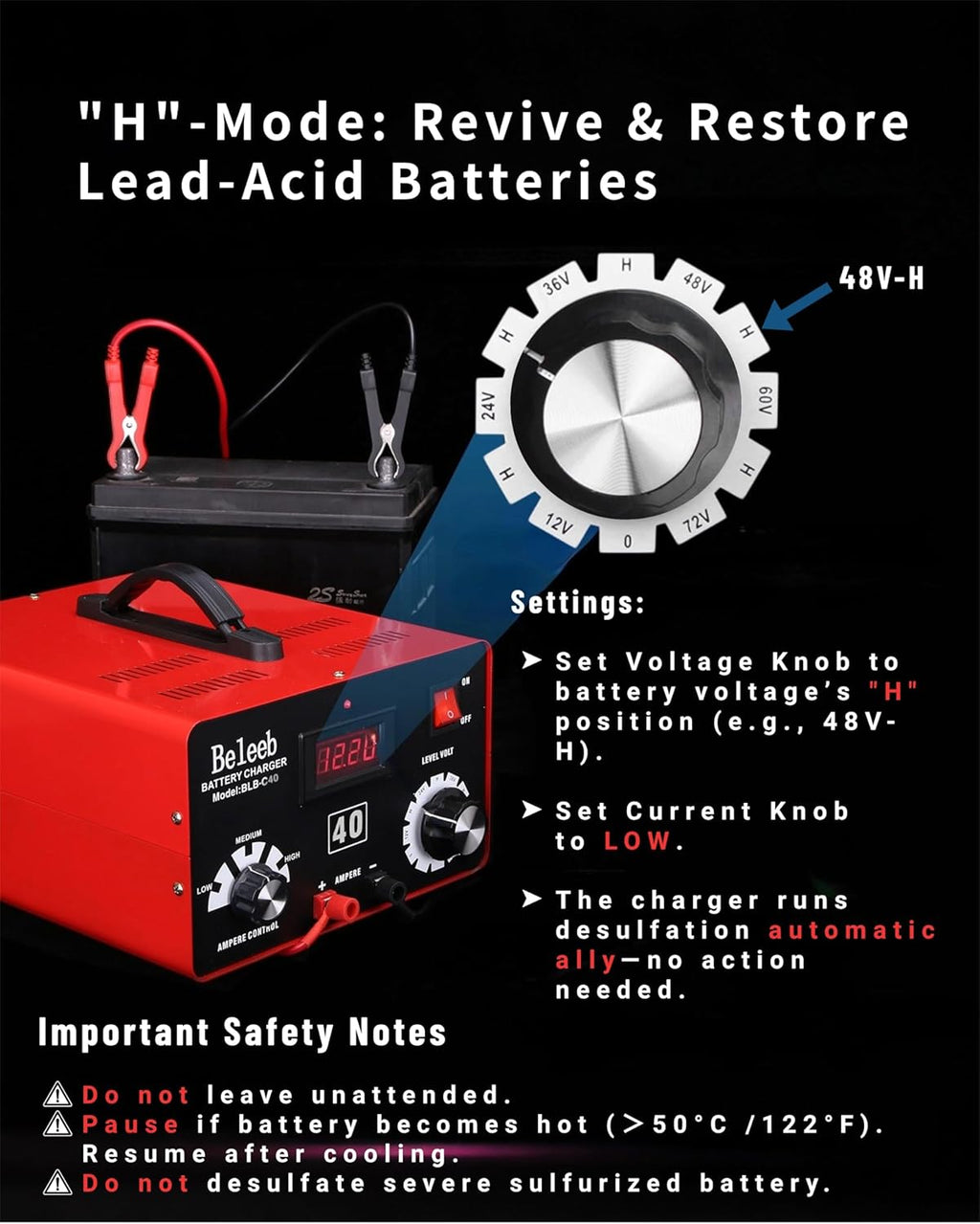 Multi-Voltage Battery Charger 12V 24V 36V 48V 60V 72V for LiFePO4, Lithium Batteries, High Voltage Pulse Desulfator for Lead-Acid, for Car, Golf Cart, RV, Marine, Boat