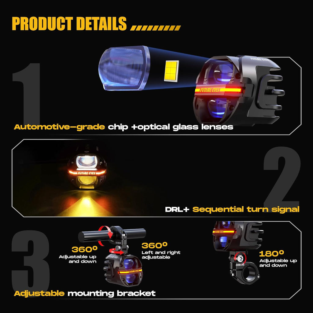 Future Eyes Motorcycle Fog Lights 120W LED Amber Auxiliary Driving Lights with DRL & Strobe, IP67 Waterproof Motorcycle Light for Night Riding, Off-Road, Dirt Bike, ATV, UTV, Golf Cart