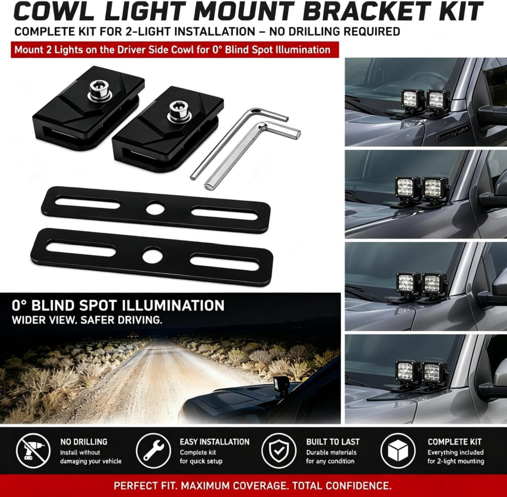 LED Light Bar Mounting Brackets A Pillar Ditch Light Bracket Extensions | Steel Cowl Pod Light Mounting Brackets No Drilling Universal Hood Light Mounting Brackets Adjustable Aluminum Alloy