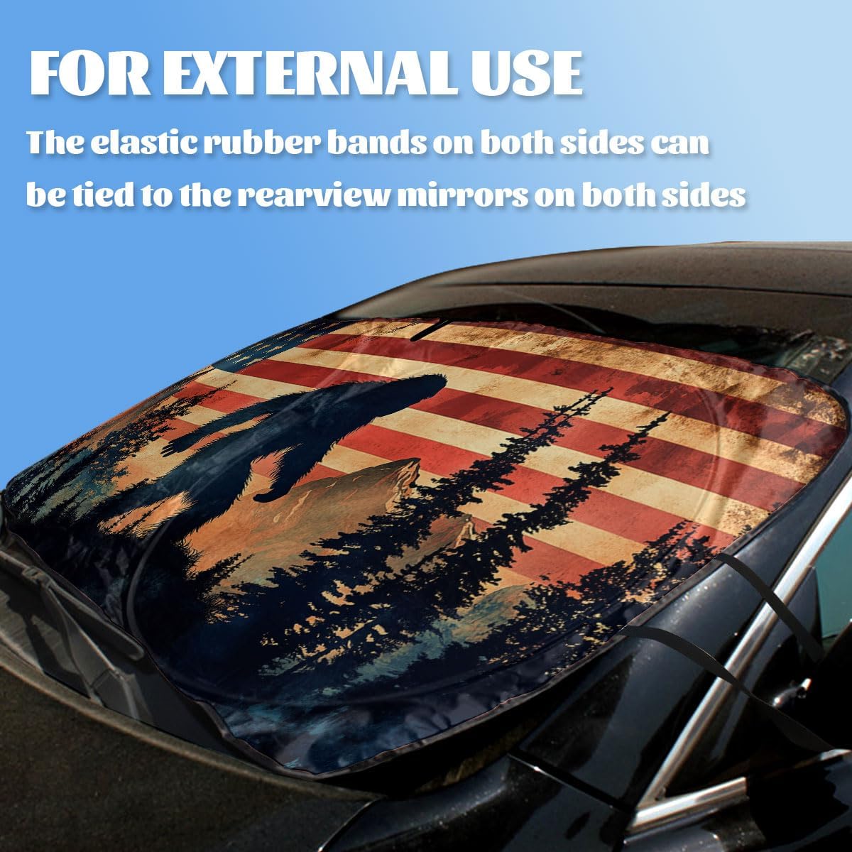 Bigfoot Mountain Car Windshield Sun Shade - American Flag Heatshield Blocks UV Rays Sun Visor Protector for Sedan, Truck, SUV - 59" L x 31.5" W