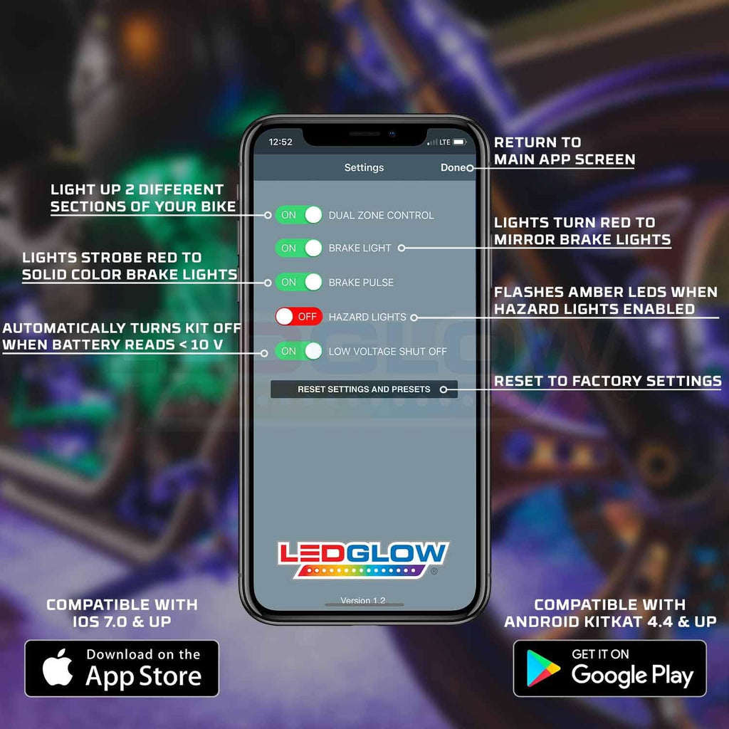 LEDGlow 12pc Bluetooth Advanced Million Color LED Motorcycle Accent Underlow Lighting Kit - Smartphone App - Dual Zone & Brake Lights Feature - Waterproof Control Box - Multi-Color Flexible Strips