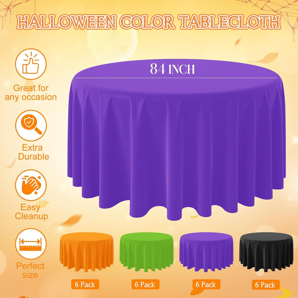 MASHAN 24Pcs 84inch Round Halloween Tablecloth Orange Black Purple Green