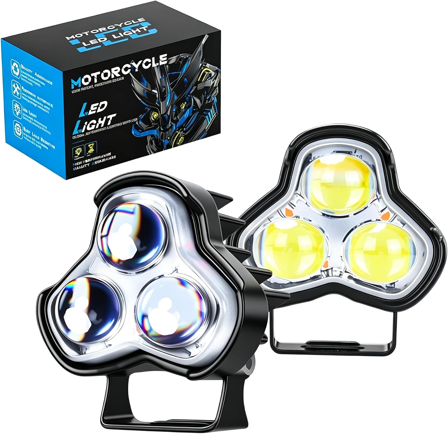 Triple 6050 LED Motorcycle Fog Lights, DC 9-60V 16W Auxiliary Spot Lights with Adjustable Bracket, IP67 Waterproof for Off Road & Night Riding
