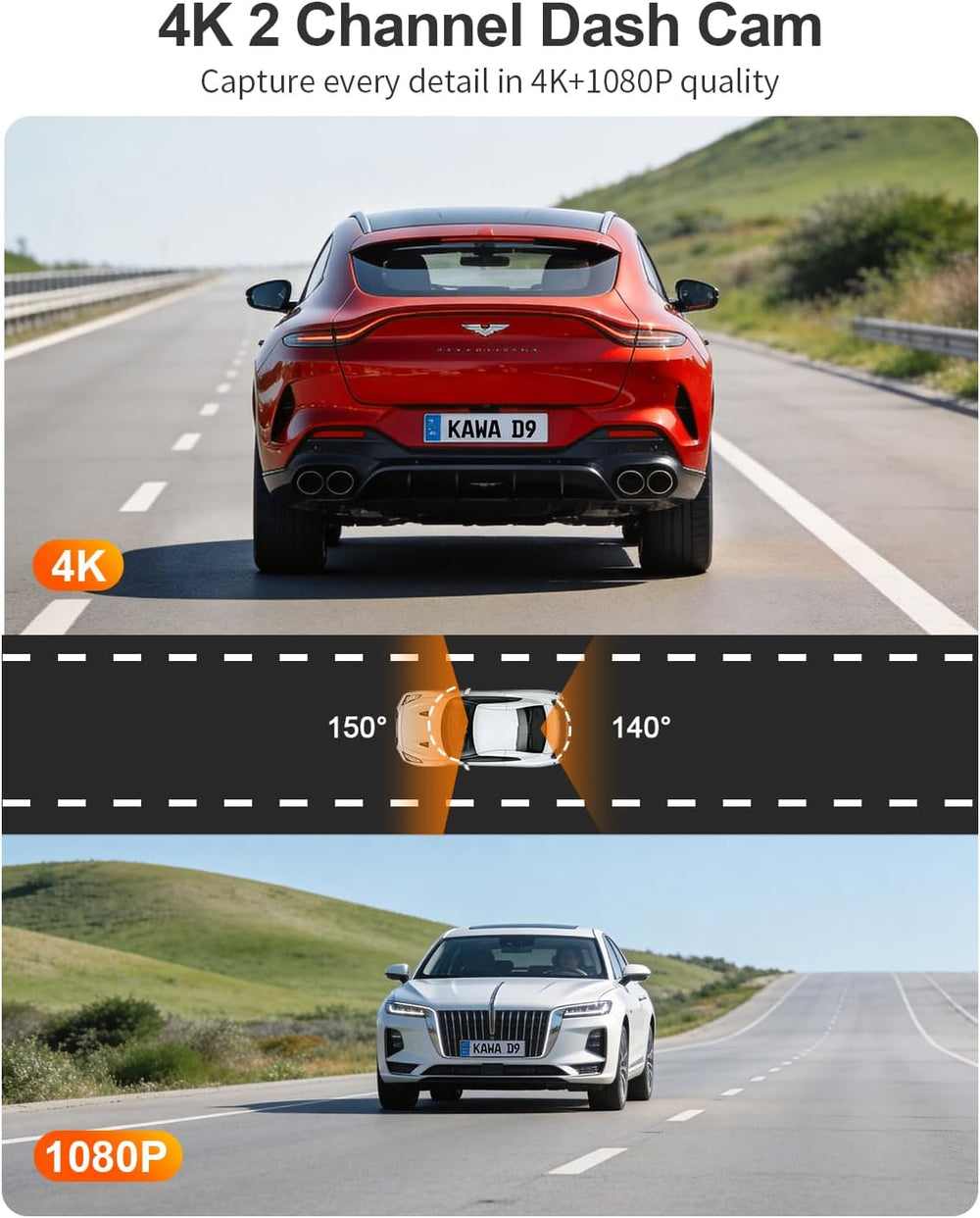 KAWA 4K Dash Cam Front Rear, Voice Control, GPS & Wi-Fi6 Dual Dash Camera