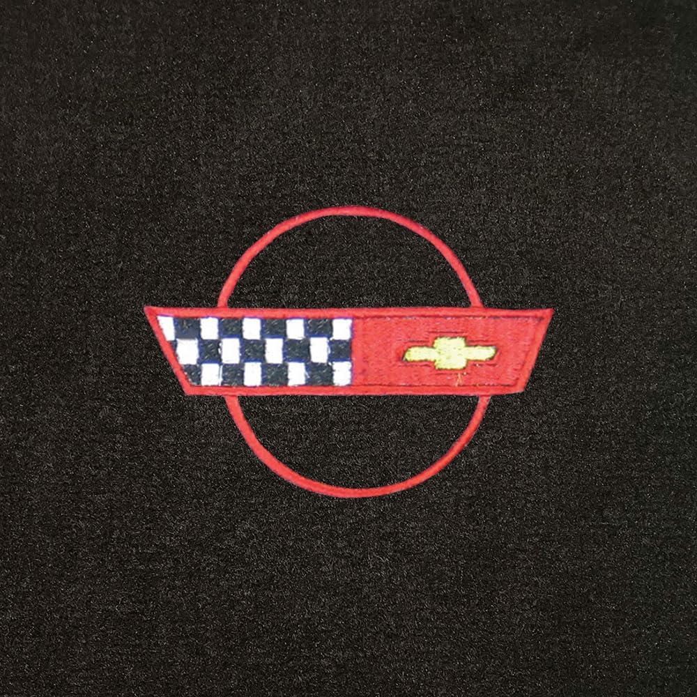 Custom Fit 2 Piece Carpet Front Mats Compatible with 1984-1996 Corvette Coupe with Red C4 Flag Logo - Black
