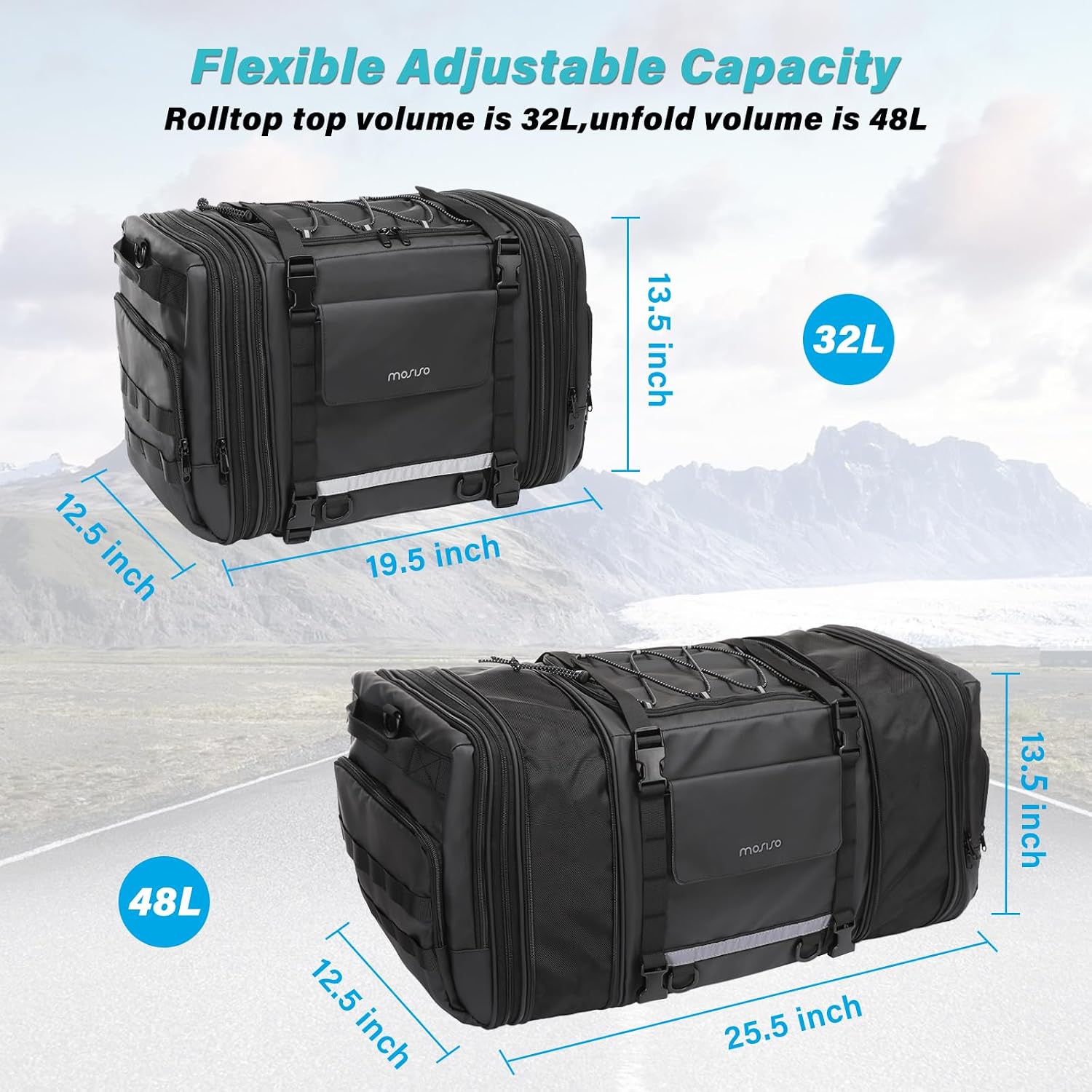 MOSISO Motorcycle Tail Bag with Expandable Capacity 32L-48L, Motorcycle Rear Seat Trunk Gear Bag with Rain Cover&Shoulder Strap, Motorbike Storage Duffle Carry Travel Luggag, Black