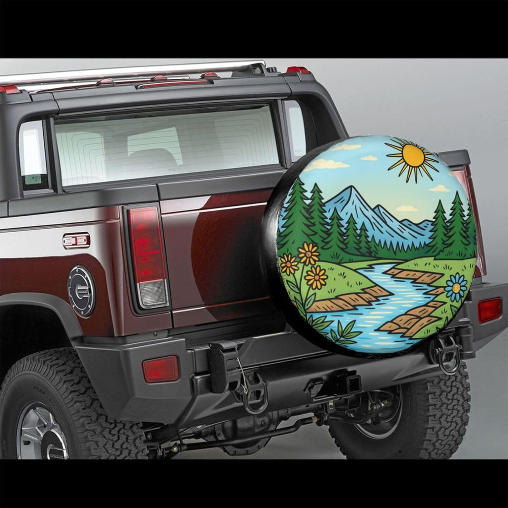 Scenic Mountain River Views Spare Tire Cover Universal for Rv Suvs Trucks Camper Travel Trailers, Funny Waterproof Polyester Wheel Protector Covers,15 inch