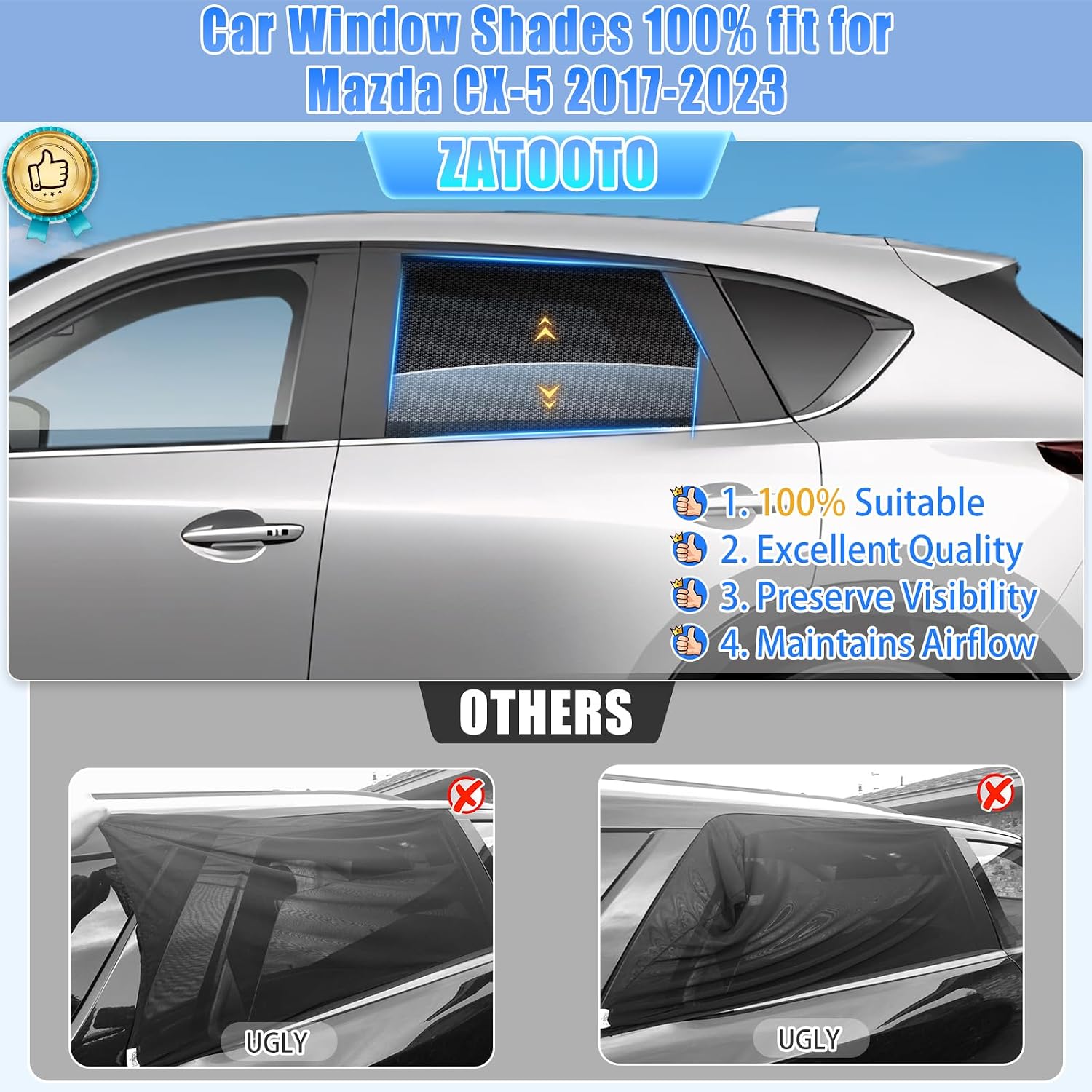 ZATOOTO Car Window Shades CX5 2017-2023 for Rear Window 2Pack car Shades for Back Windows Baby & Pet | Blocks 99% UV Rays & Heat | Breathable Mesh for Privacy & Bug Protection | Camping & Travel