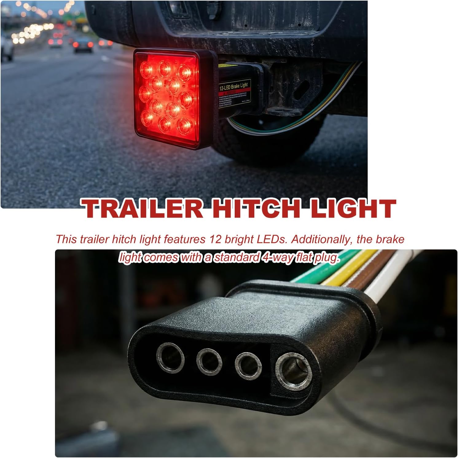 Trailer Hitch Light, 12V 12 LED Bright Smoked Lens Brake Light Tow Hitch Lamp Fits 2" Receiver, Waterproof Square Brake Tail Lights for Sedans Towing Trucks SUVs RVs