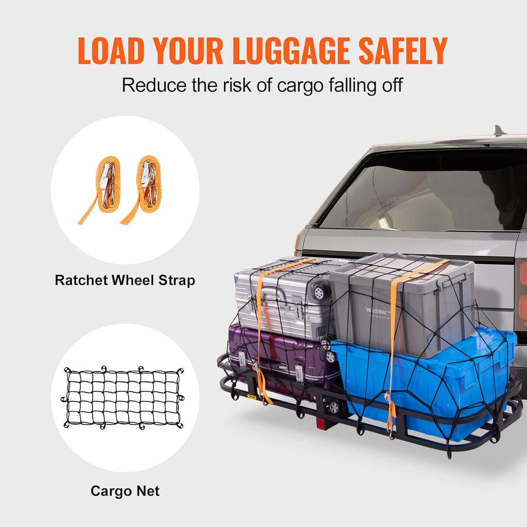 VEVOR 53 x 19 x 5 in Hitch Cargo Carrier, 500lb Capacity Trailer Mount Basket, Steel Luggage Carrier Rack Fits 2'' Receiver for SUV Truck Pickup with Net, Stabilizer, Straps, Black