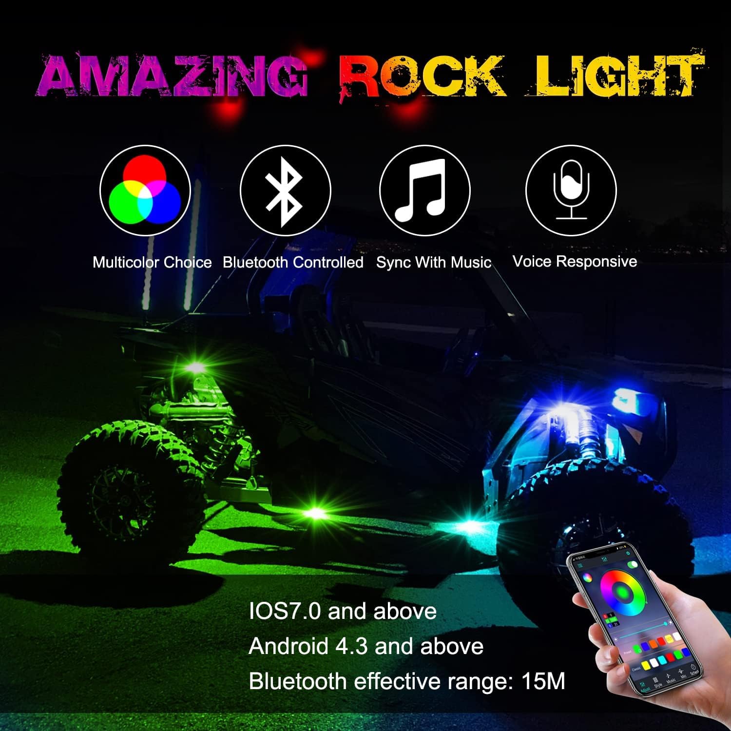 OFFROADTOWN RGB LED Rock Lights Kit 4 pods Neon Trail Rig Light Underglow with Bluetooth App Control for UTV ATV Polaris Can-Am Yamaha Honda Kawasaki Boat Motorcycle