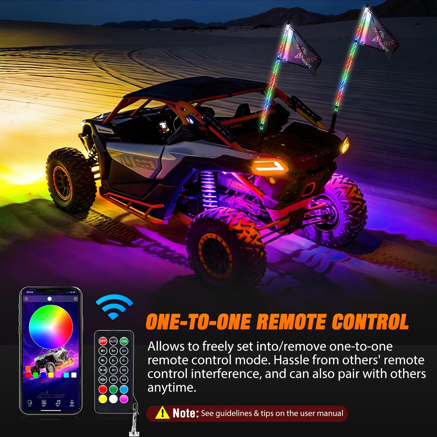 Nilight 2PCS 3FT RGB LED Whip Light with Spring Base and 8 PCS Rock Lights Combo, Remote App Control w/DIY Chasing Patterns Turn Signal Brake Reverse Antenna Lighted Whips for ATV UTV Polaris RZR Jeep