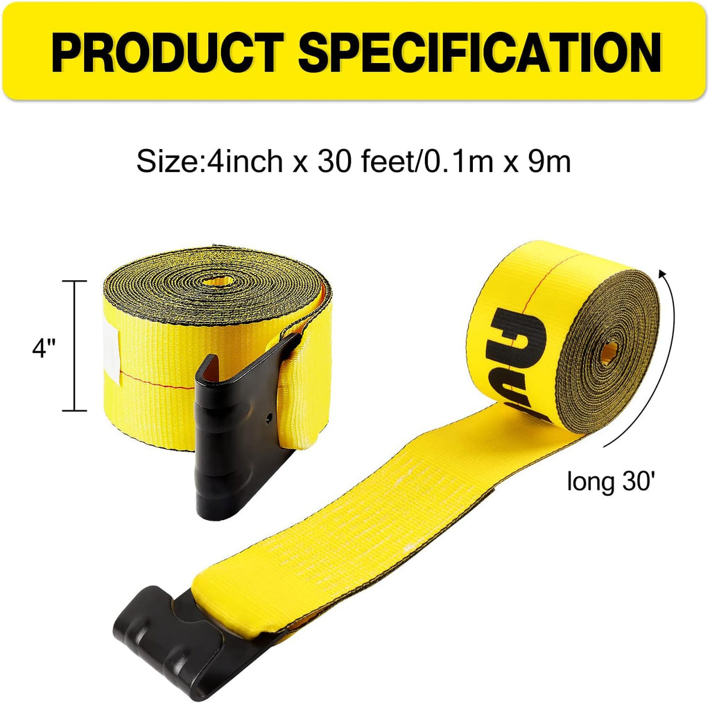 4" x30' Winch Straps with Flat Hook Flatbed Tie Downs Truck Straps 16200 lbs Load Capacity Cargo Control for Flatbeds, Trucks, Trailers, Farms, Rescues, Tree Saver, Yellow(2 Pack)