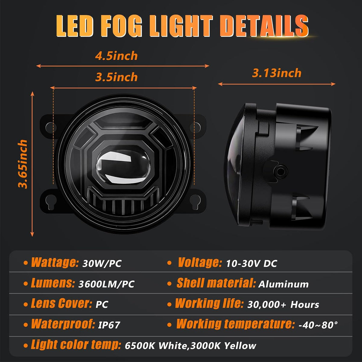 civic 3.5" led fog lights assembly, white amber, front angle view